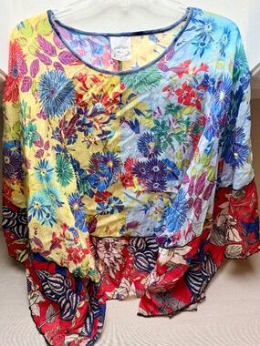 Fleur de Lis Patchwork Floral Hippie Boho Top Size L
